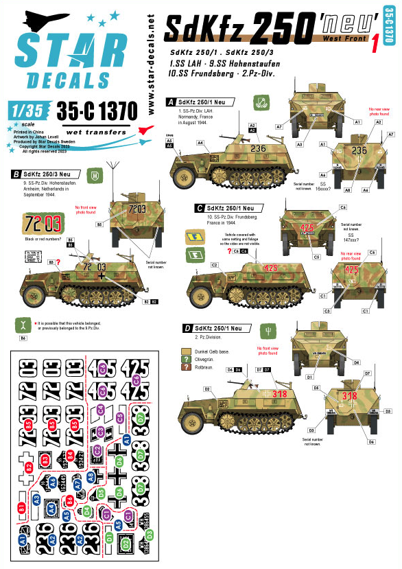 1:35 SdKfz 250 'neu' # 1. West-front markings. 2.Pz-Div, 1.SS-LAH, 9.SS-Hohenstaufen, 10.SS-Frundsberg.