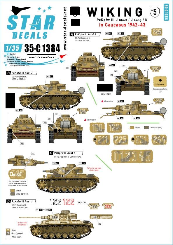 1:35 Wiking #5 - 5. SS-Wiking In Caucasus 1942-43 - Pz III Ausf J Short Gun, Pz III Ausf J Long Gun And Pz III Ausf N Plus Generic Turrent Numbers 0-1-2-3-4-5