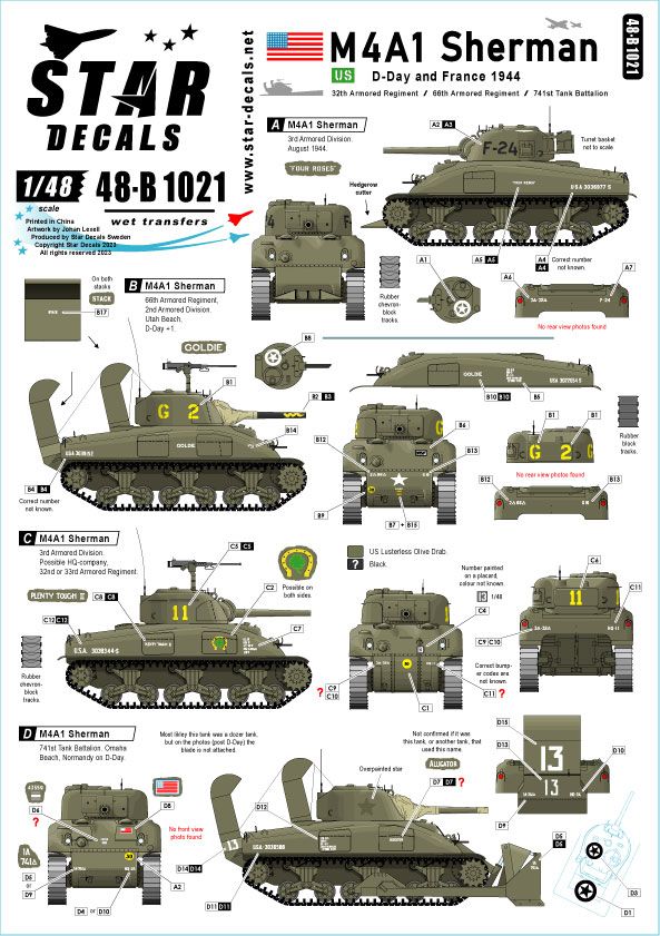 1:48 US M4A1 Sherman - D-Day And France In 1944 - 32nd Armored Regiment, 66th Armored Regiment And 741th Tank Bn