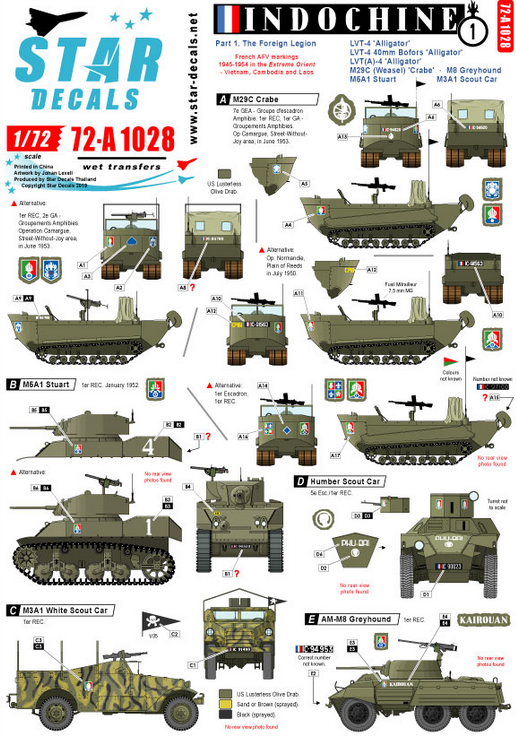 1:72 Indochine # 1. The Foreign Legion. M29C Crabe, M3A1 White SC, Greyhound, M5A1 Stuart . . .