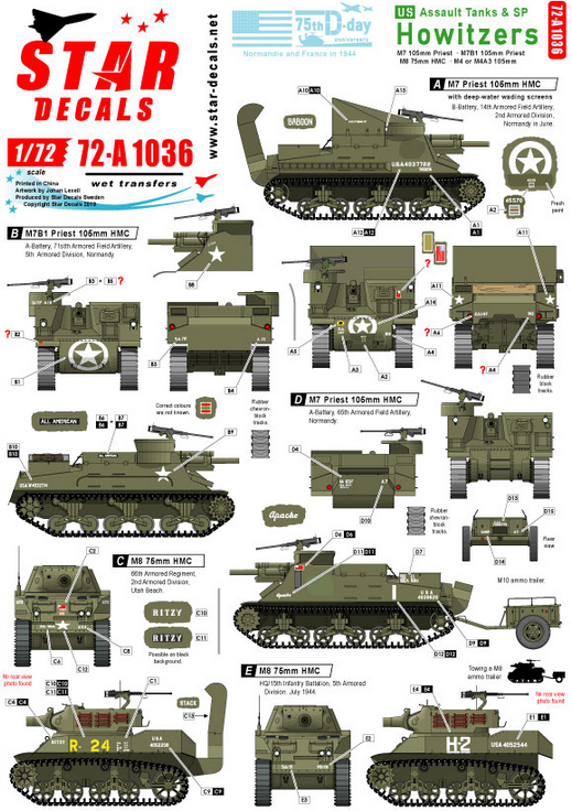 1:72 US S.P. Howitzers. M7 Priest, M8 HMC and M4 (105mm). 75th-D-Day-Special.