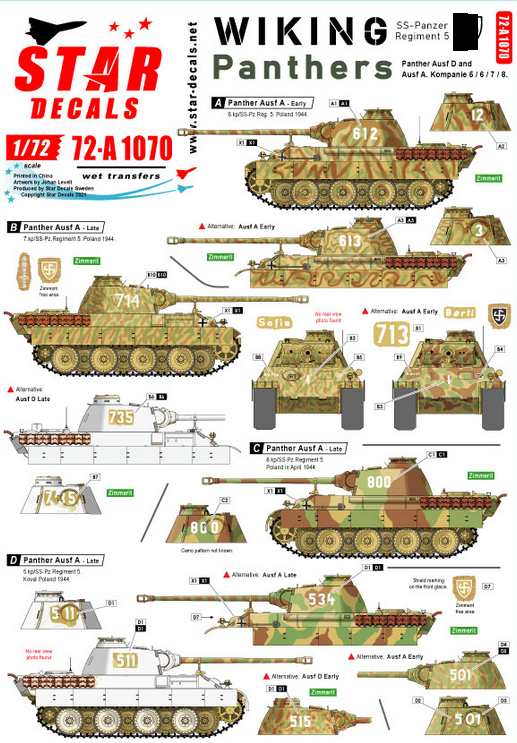 1:72 Wiking 1. SS-Pz.Reg. 5. Panthers. Panther Ausf D and Ausf A in kp 5 / 6 / 7 / 8.