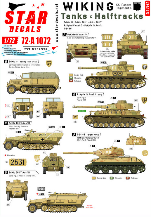 1:72 Wiking 3. SS-Pz.Reg. 5. Tanks & Halftracks. PzKpfw IV Ausf G and J, SdKfz 11, SdKfz 251 and T-34-85