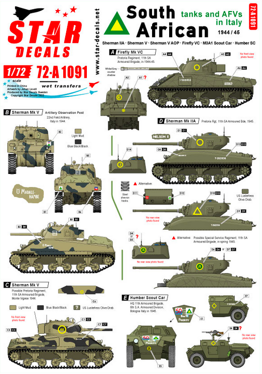 1:72 SA Tanks and AFVs in Italy. South African Sherman IIA, Firefly VC, Sherman V . . .
