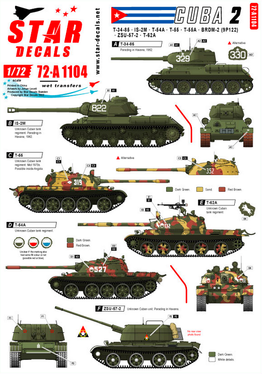 1:72 Tanks & AFVs in Cuba # 2. T-34/85, IS-2M, T-54A, T-55, T-55A, T-62A, ZSU-57-2, BRDM-2 (9P122).