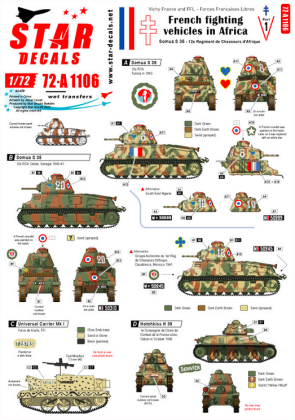 1:72 French fighting vehicles in Africa. Somua S 35, Universal Carrier, Hotchkiss H39, Renault FT-17.