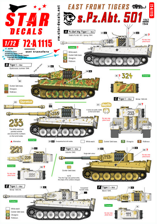 1:72 s.Pz.Abt. 501 1943-44. East Front Tigers. Tiger I and Befehls-Tiger I Mid production.