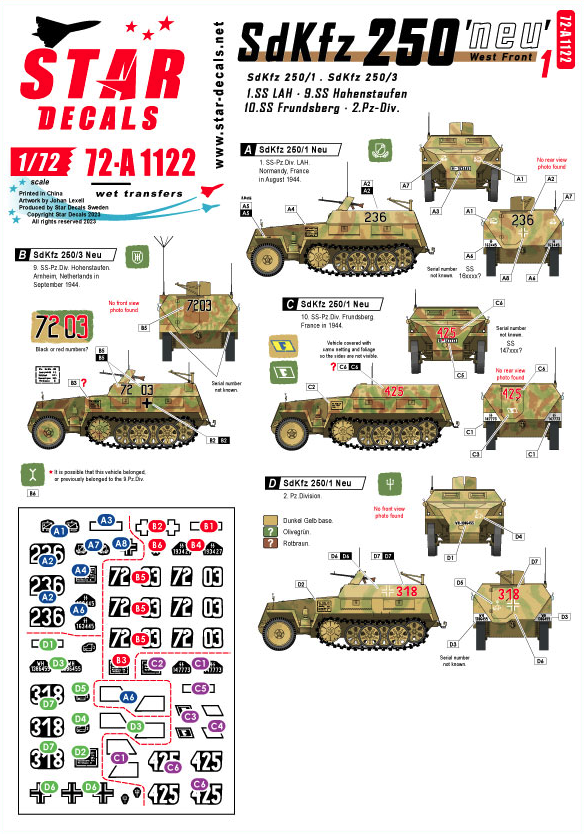 1:72 SdKfz 250 'neu' # 1. West-front markings. 2.Pz-Div, 1.SS-LAH, 9.SS-Hohenstaufen, 10.SS-Frundsberg.