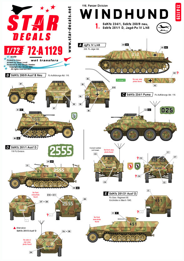 1:72 Windhund # 1. 116. Pz Division Windhund. SdKfz 234/1, Sdkfz 250/9 neu, Sdkfz 251/1 D, Jagd-Pz IV L/48.