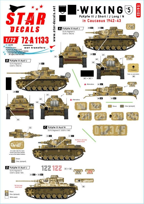 1:72 Wiking #5 - 5. SS-Wiking In Caucasus 1942-43 - Pz III Ausf J Short Gun, Pz III Ausf J Long Gun And Pz III Ausf N Plus Generic Turret Numbers 0-1-2-3-4-5