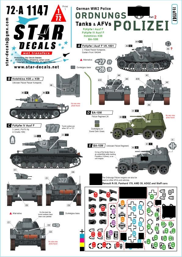 1:72 Ordnungs Polizei #2 - Tanks And Armoured Cars, Anti Partisan And Security Service - PzKpfw I Ausf F VK. 1801, Hotchkiss H38 Or H39, PzKpfw IV Ausf F, BA-10M