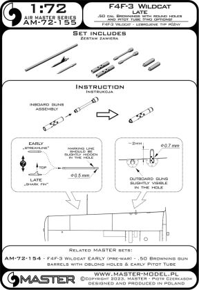 1:72 F4F-3 Wildcat LATE - .50 Browning gun barrels with round holes & Pitot Tube (two options)