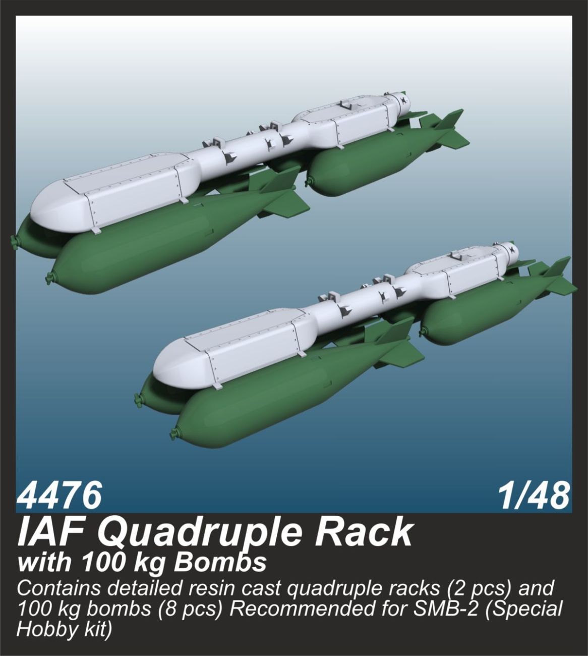 1:48 IAF Quadruple Rack with 100 kg Bombs (2 pcs.) / for SMB-2, Sa´ar and Mirage III kits