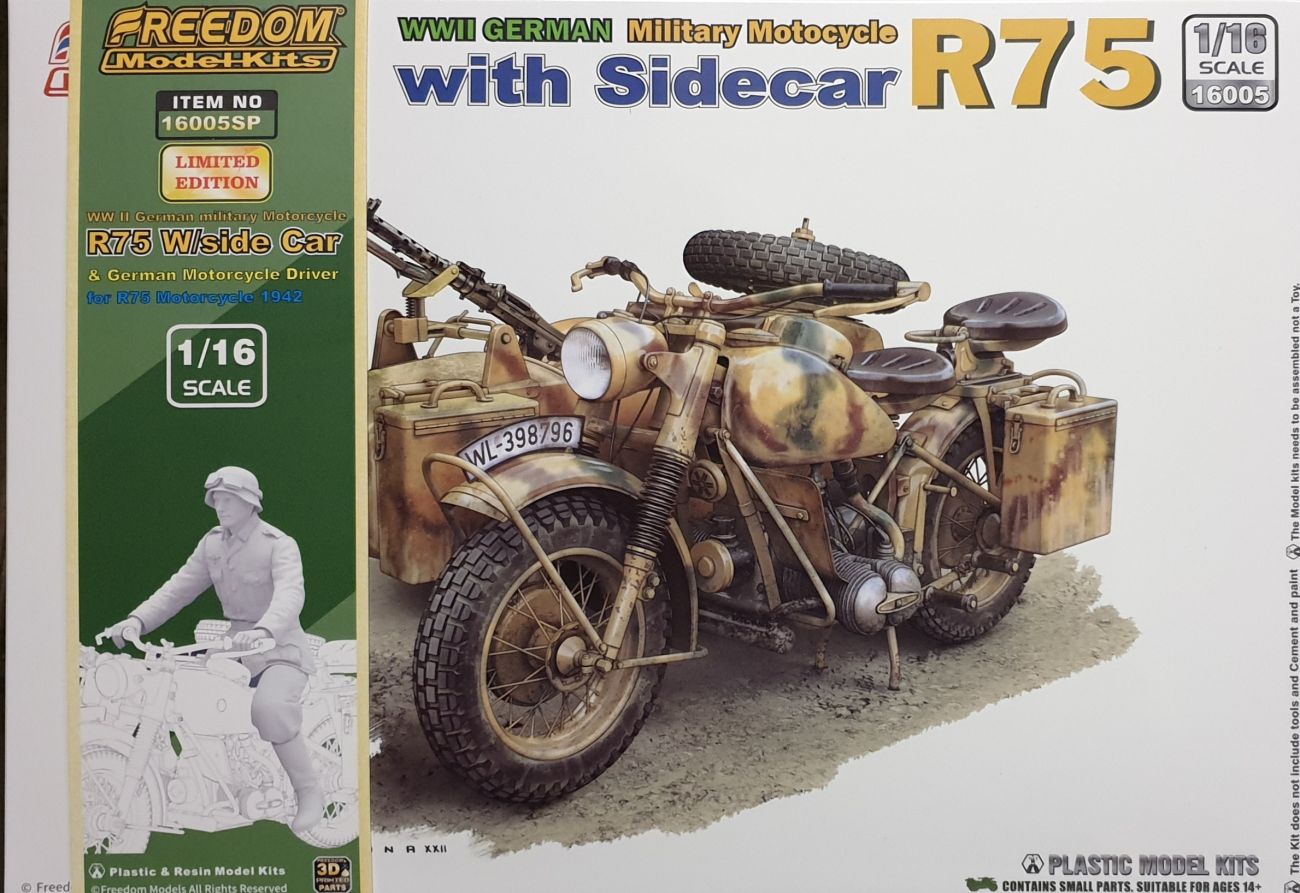 1:16 WWII German Military Motocycle R75 & Sidecar & Rider Figure