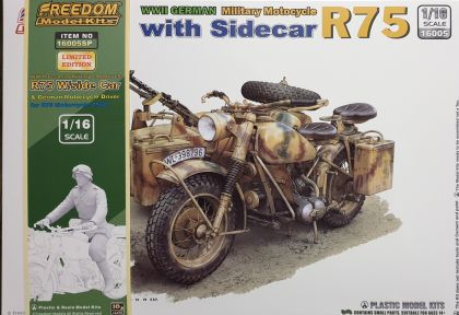 1:16 WWII German Military Motocycle R75 & Sidecar & Rider Figure