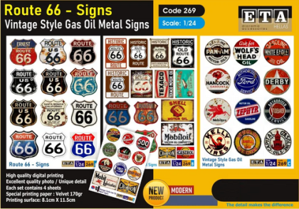 1:24 Route 66 - Signs / Vintage Style Gas Oil Metal Signs