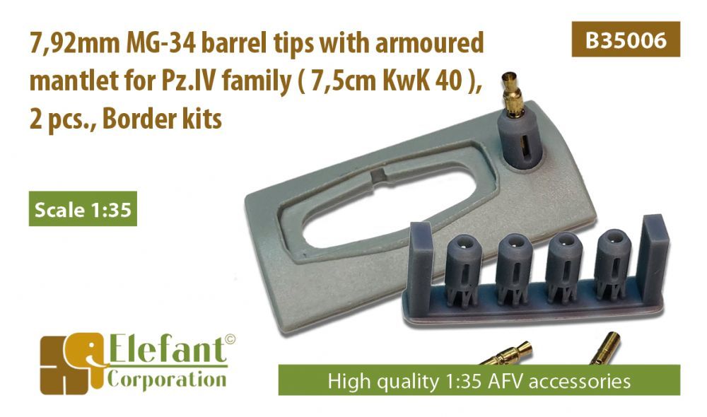1:35 7,92mm MG-34 barrel tips with armoured mantlet for Pz.IV family ( 7,5cm KwK 40 ), 2 pcs., Border kits