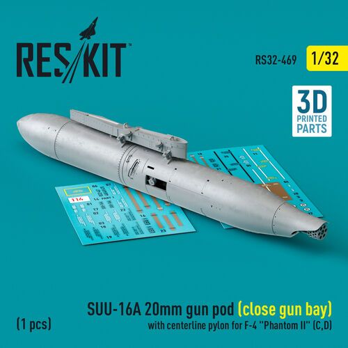 1:32 SUU-16A 20mm Gun Pod (Close Gun Bay) With Centerline Pylon For F-4 'Phantom II' (C, D) (1pc) (3D Printed)