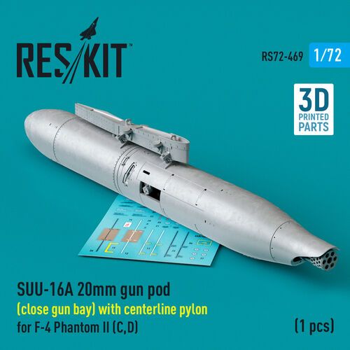 1:72 SUU-16A 20mm Gun Pod (Close Gun Bay) With Centerline Pylon For F-4 'Phantom II' (C, D) (1pc) (3D Printed)