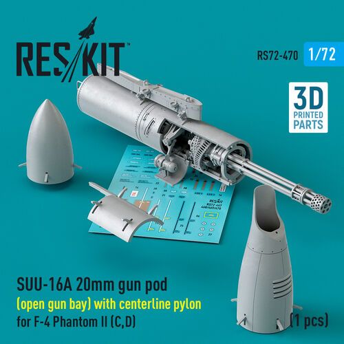 1:72 SUU-16A 20mm Gun Pod (Open Gun Bay) With Centerline Pylon For F-4 'Phantom II' (C, D) (1pc) (3D Printed)