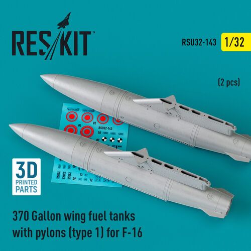 1:32 370 Gallon Wing Fuel Tanks With Pylons (Type 1) For F-16 (2pcs) (3D Printed)