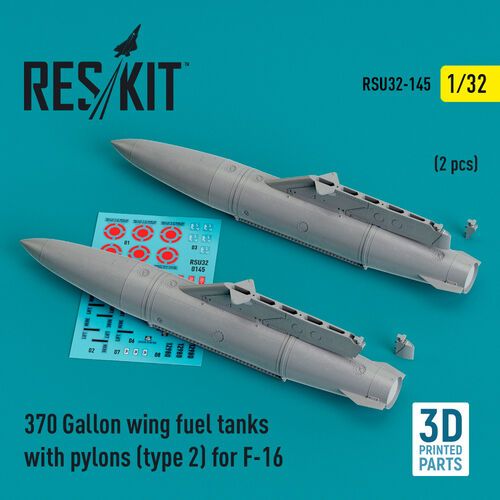 1:32 370 Gallon Wing Fuel Tanks With Pylons (Type 2) For F-16 (2pcs) (3D Printed)