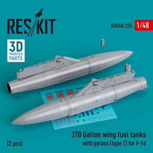 1:48 370 Gallon Wing Fuel Tanks With Pylons (Type 2) For F-16 (2pcs) (3D Printed)