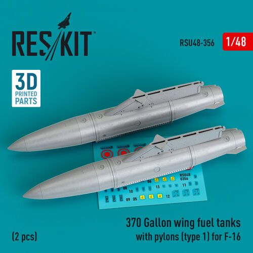 1:48 370 Gallon Wing Fuel Tanks With Pylons (Type 1) For F-16 (2pcs) (3D Printed)