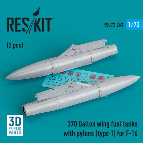 1:72 370 Gallon Wing Fuel Tanks With Pylons (Type 1) For F-16 (2pcs) (3D Printed)