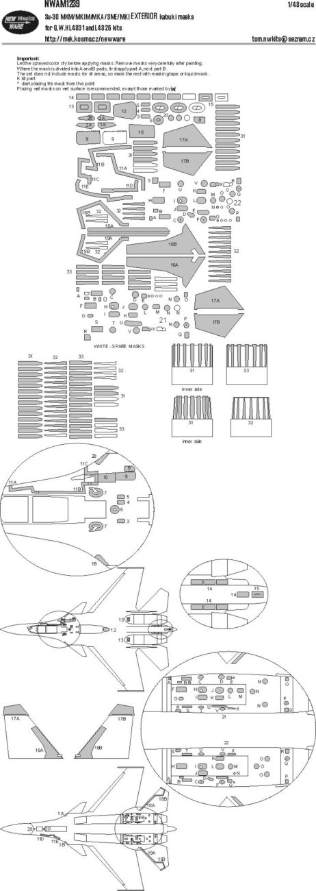 1:48 Su-30 MKM/MKIM/MKA/SME/MKI Exterior Kabuki Masks For G.W.H L4831 And L4826 Kits
