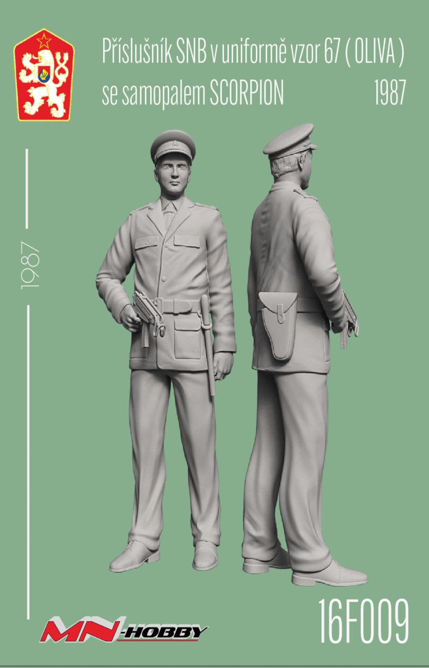1:16 Příslušník SNB v uniformě vzor.67 (OLIVA) se samopalem Scorpion 1987