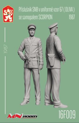 1:16 Příslušník SNB v uniformě vzor.67 (OLIVA) se samopalem Scorpion 1987