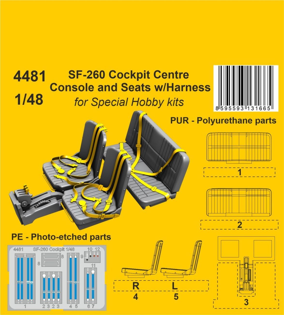 1:48 SF-260 Cockpit Centre Console and Seats w/Harness / for SH kits
