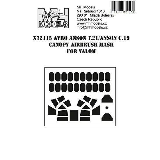 1:72 Avro Anson T.21/Anson C.19 canopy airbrush mask for Valom /VLM