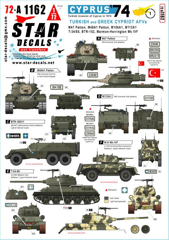 1:72 Cyprus '74 #1 (Turkish Invasion Of Cyprus In 1974), Turkish And Greek Cypriot AFVs - M47 Patton, M48A1 Patton, M106A1, M113A1, T-34/85, BTR-152, Marmon-Herrington Mk IVF