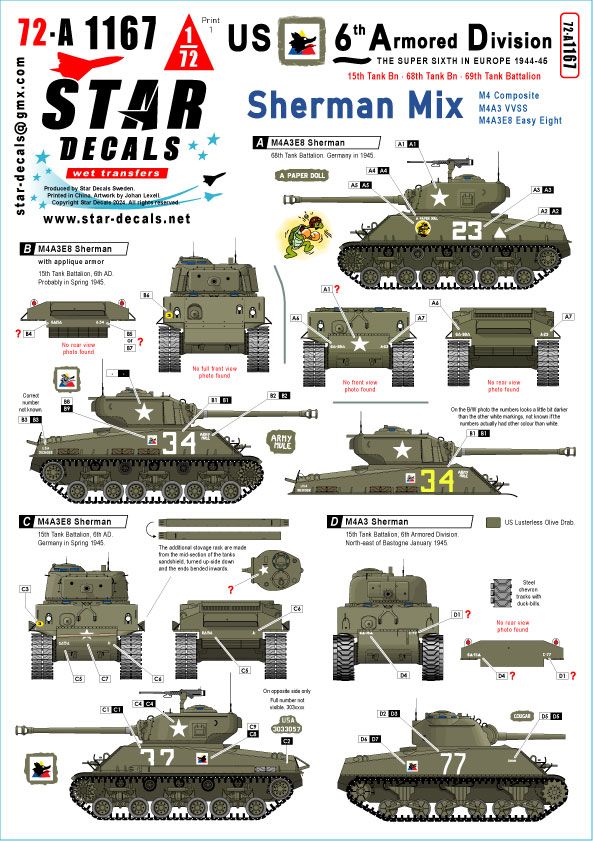 1:72 US 6th Armored Division #1 (The Super-Sixth In Europe 1944-45), Sherman Mix - M4 Composite, M4A3, M4A3E8 Easy-Eight