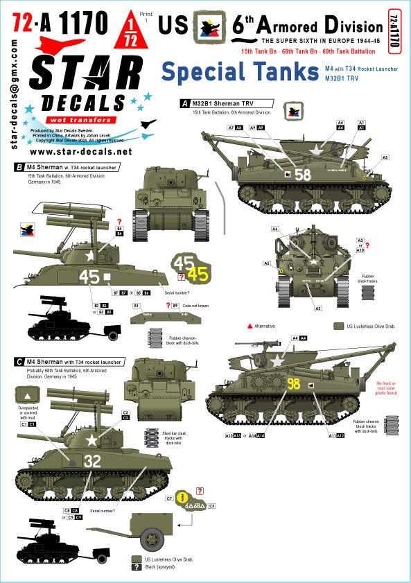 1:72 US 6th Armored Division #4 (The Super-Sixth In Europe 1944-45), Special Tanks - M4 With T34 Rocket Launcher And M32B1 TRV