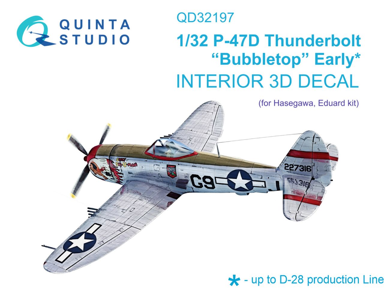 1:32 P-47D Thunderbolt Bubbletop Early 3D-Printed & coloured Interior on decal paper (Hasegawa)
