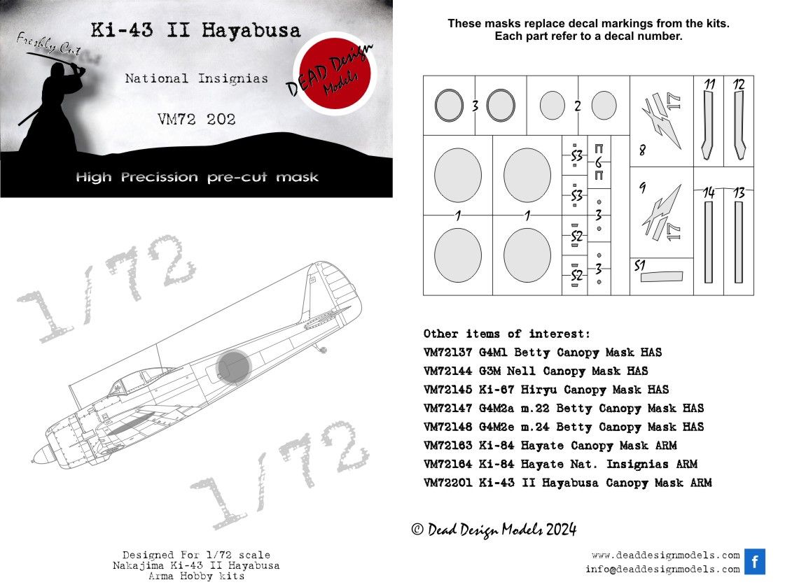 1:72 Nakajima Ki-43-II Hayabusa National Insignias Arma Hobby