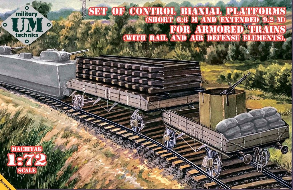 1:72 Set Of Control Biaxial Platforms (Short 6,6m And Extended 9,2m) For Armored Trains (With Rail And Air Defense Elements)