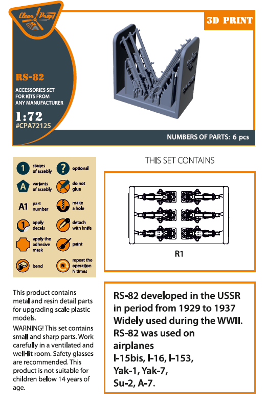 1:72 RS-82 used on the following airplanes: I-15bis, I-16, I-153, Yak-1, Yak-7, Su-2, A-7