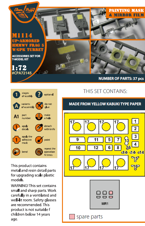 1:72 M1114 Up-armored HMMWV Frag 5 W/GPK Turren painting mask