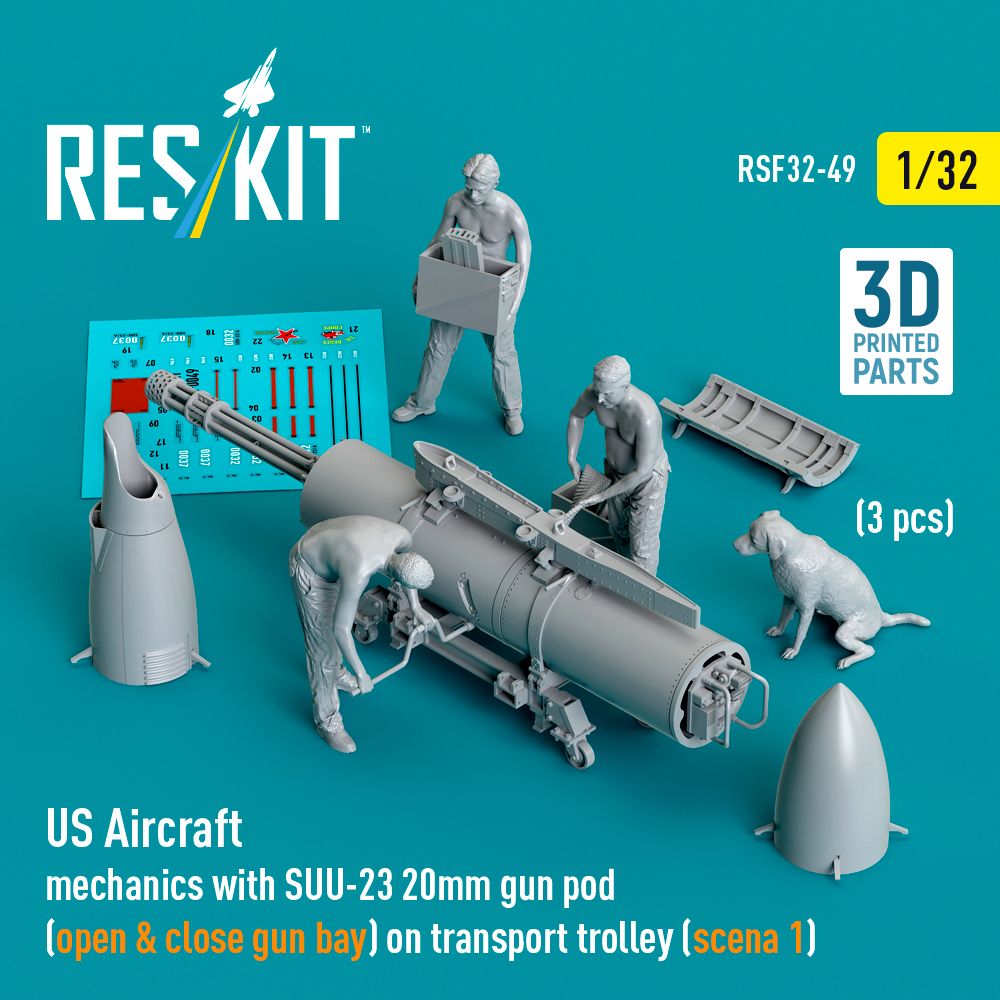 1:32 US Aircraft mechanics with SUU-23 20mm gun pod (open & close gun bay) on transport trolley (scene 1) (3 pcs)