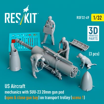 1:32 US Aircraft mechanics with SUU-23 20mm gun pod (open & close gun bay) on transport trolley (scene 1) (3 pcs)