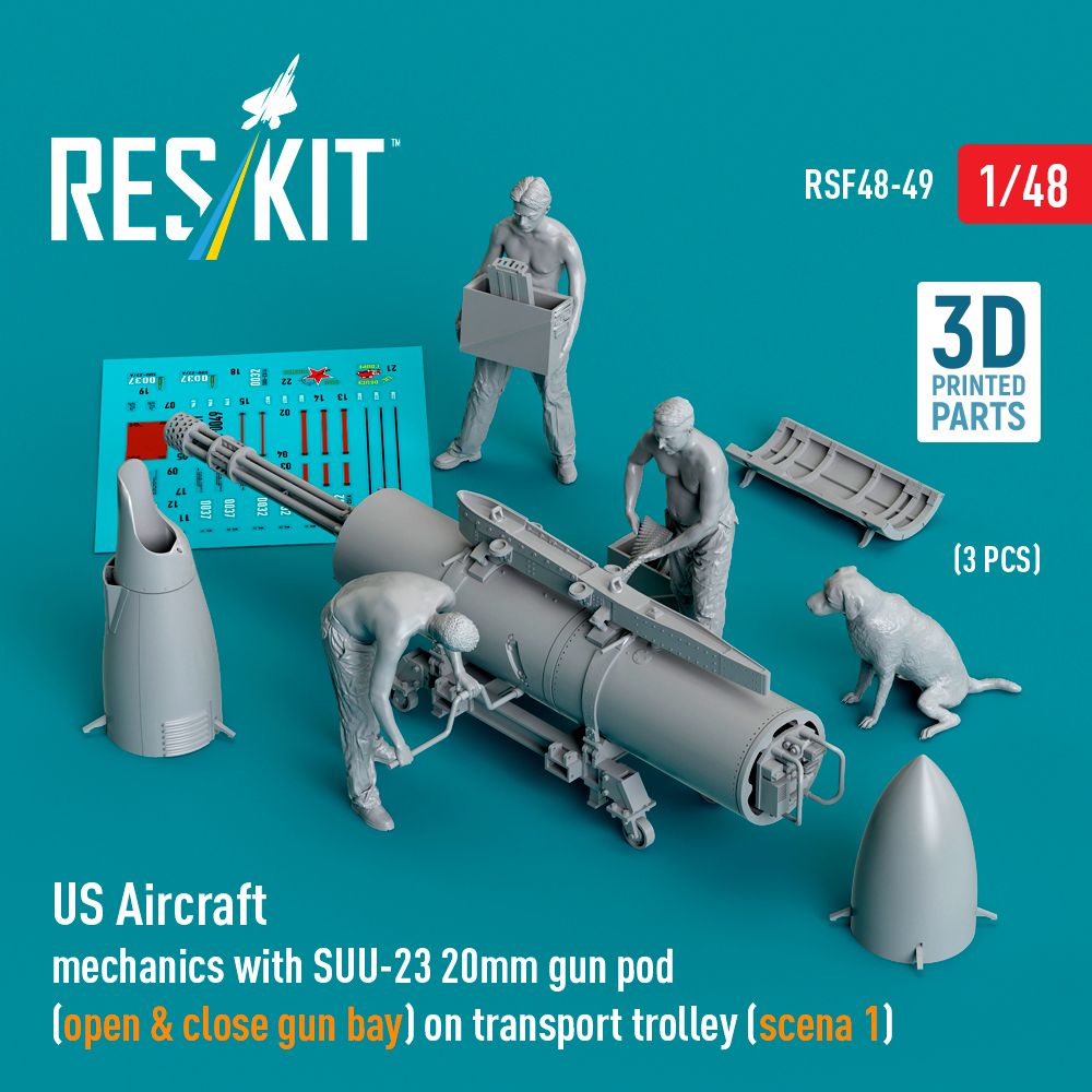1:48 US Aircraft mechanics with SUU-23 20mm gun pod (open & close gun bay) on transport trolley (scene 1) (3 pcs)