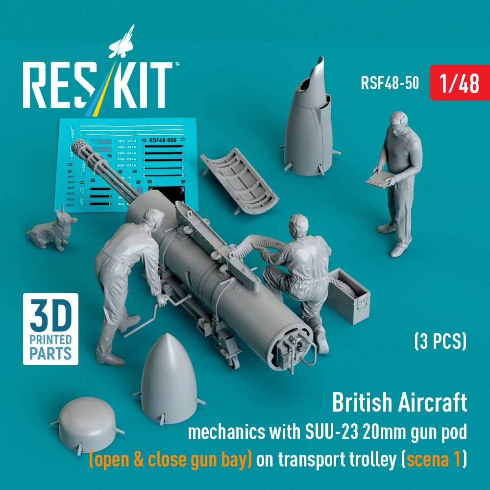 1:48 British Aircraft mechanics with SUU-23 20mm gun pod (open & close gun bay) on on transport trolley (scene 1) (3 pcs)