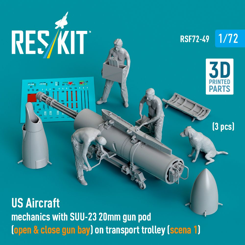 1:72 US Aircraft mechanics with SUU-23 20mm gun pod (open & close gun bay) on transport trolley (scene 1) (3 pcs)