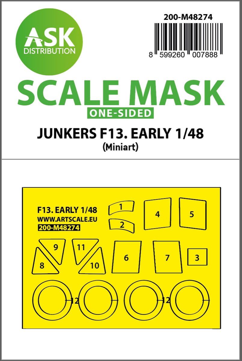 1:48 Junkers F 13 early production one-sided express fit mask for Miniart