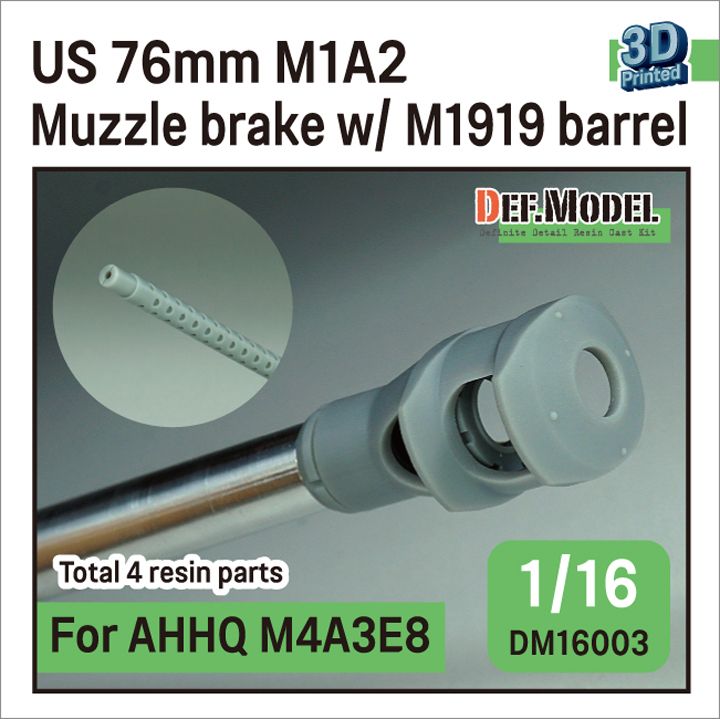 1:16 US 76mm M1A2 Gun Muzzle Brake With M1919 Barrel (For Andy's Hobby Headquarters M4A3E8 Kit)