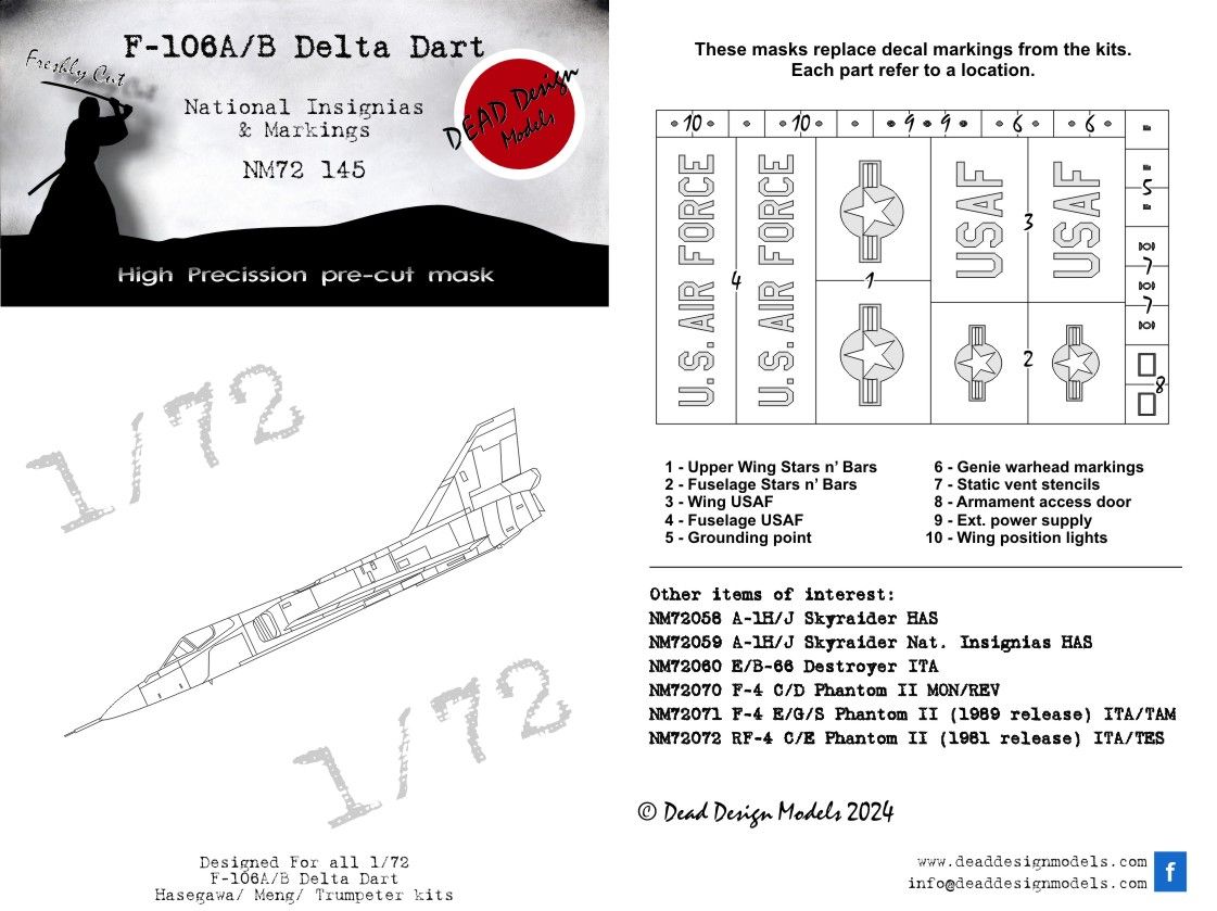 1:72 F-106A/B Delta Dart National Insignias And Markings Hasegawa, Meng, Trumpeter